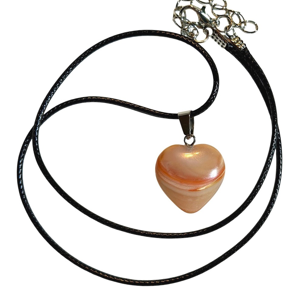 Banded Agate Heart Pendant Necklace Peach Orange Stone Black Cord‎ Boho Jewelry